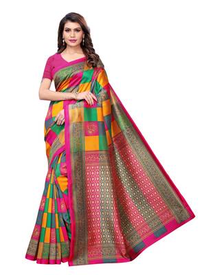 Multicolor printed art silk saree with blouse 1