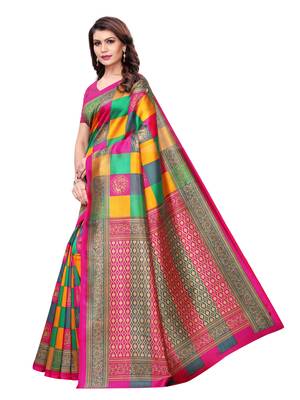 Multicolor printed art silk saree with blouse 2
