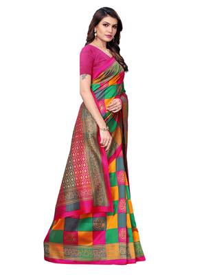 Multicolor printed art silk saree with blouse 3