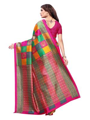 Multicolor printed art silk saree with blouse 4
