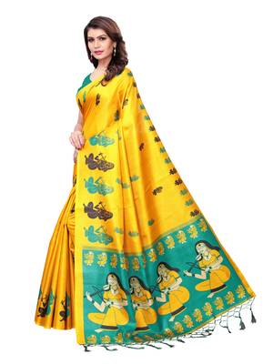 Yellow Printed Art Silk Saree With Blouse 2