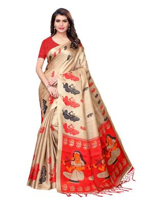 Beige Printed Art Silk Saree With Blouse 1