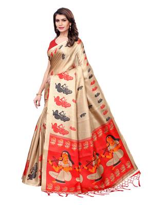Beige Printed Art Silk Saree With Blouse 2