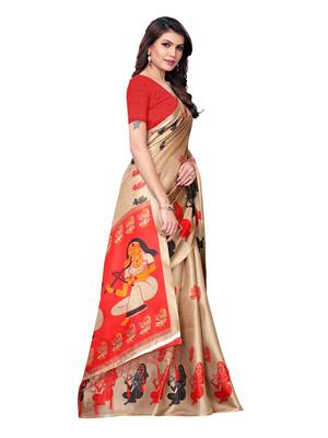 Beige Printed Art Silk Saree With Blouse 3