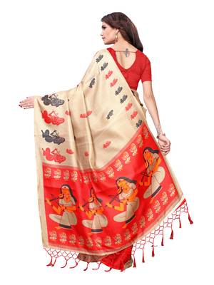 Beige Printed Art Silk Saree With Blouse 4