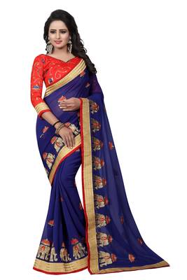Navy blue embroidered faux chiffon saree with blouse 1