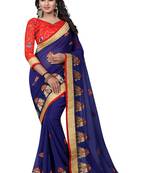 Navy blue embroidered faux chiffon saree with blouse
