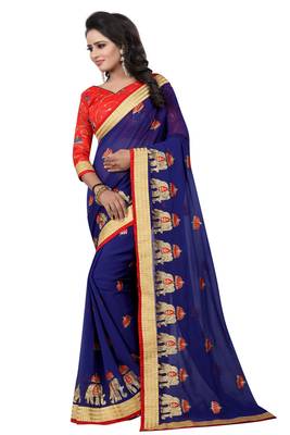 Navy blue embroidered faux chiffon saree with blouse 2
