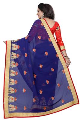 Navy blue embroidered faux chiffon saree with blouse 3
