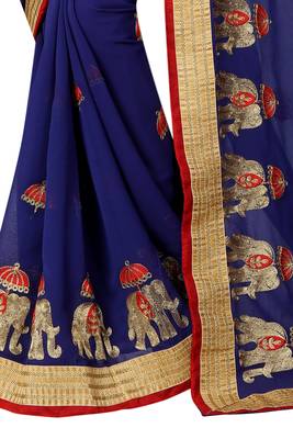 Navy blue embroidered faux chiffon saree with blouse 4
