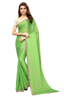 Parrot green plain fancy fabric saree with blouse 1