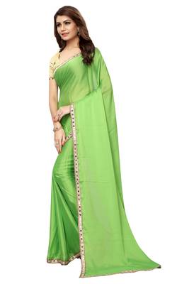 Parrot green plain fancy fabric saree with blouse 2