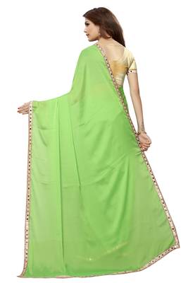 Parrot green plain fancy fabric saree with blouse 3
