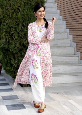 White Printed Cotton Kurtis With Pant Set 1