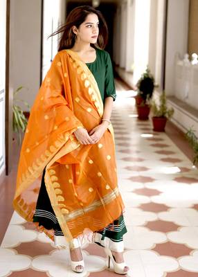 Olive Plain Rayon Kurta With Trouser And Dupatta Set 1