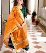 Olive Plain Rayon Kurta With Trouser And Dupatta Set