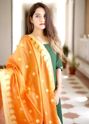 Olive Plain Rayon Kurta With Trouser And Dupatta Set 4