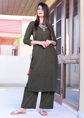 Olive Plain Cotton Kurta And Pant Set 2