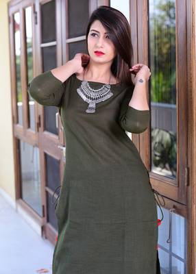 Olive Plain Cotton Kurta And Pant Set 4
