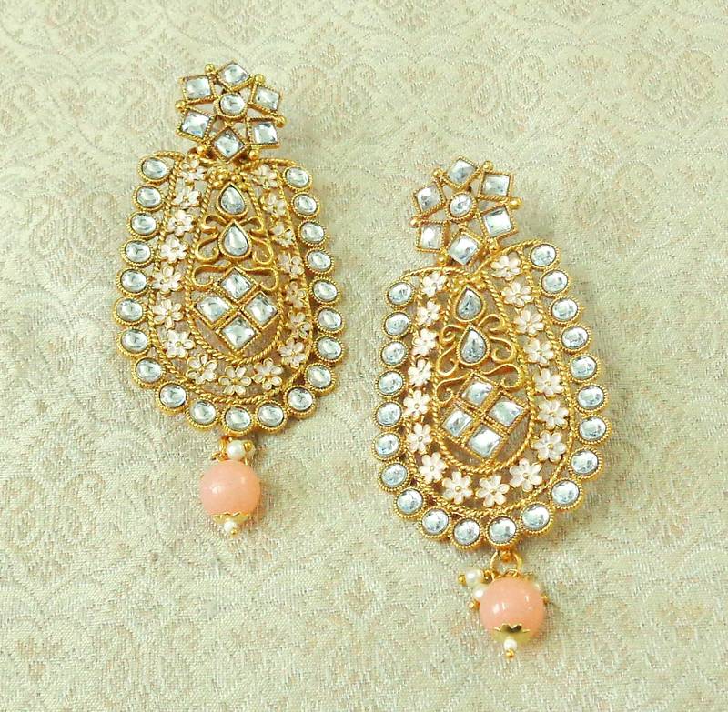 Lalso Designer Peach Matt Meenakari Enamel Kundan Earrings - LME11_BG