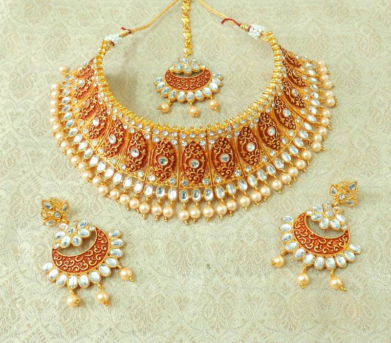 Lalso Designer Gheru Maroon Matt Meenakari Work Kundan Bridal Choker Necklace Earring Set With Maangtikka - LMCN04_MR