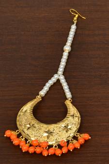 Gold Plated with Orange Beads Traditional Styled Maang Tikka