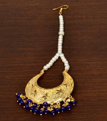 Gold Plated with Blue Beads Traditional Styled Maang Tikka 1