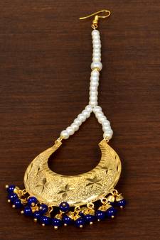 Gold Plated with Blue Beads Traditional Styled Maang Tikka