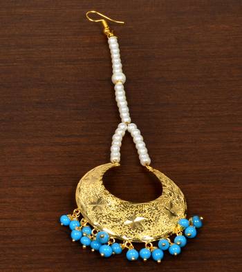 Gold Plated with Turquoise Beads Traditional Styled Maang Tikka 1