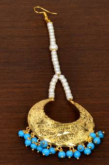 Gold Plated with Turquoise Beads Traditional Styled Maang Tikka