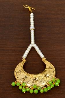 Gold Plated with Parrot Beads Traditional Styled Maang Tikka