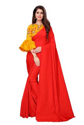 Orange plain art silk saree with blouse 1