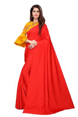 Orange plain art silk saree with blouse 2