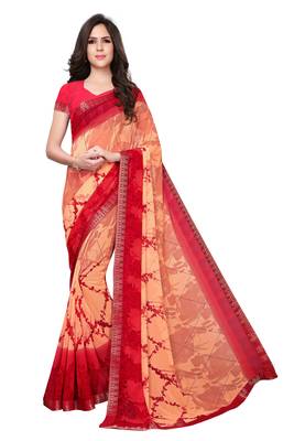 Orange printed georgette saree with blouse 1