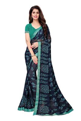 Navy blue printed georgette saree with blouse 1
