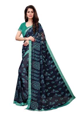 Navy blue printed georgette saree with blouse 2