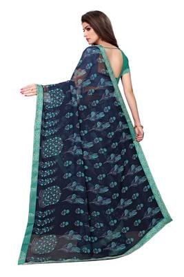 Navy blue printed georgette saree with blouse 4