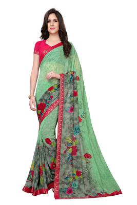 Green printed georgette saree with blouse 1