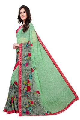 Green printed georgette saree with blouse 2