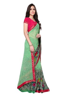 Green printed georgette saree with blouse 3