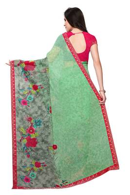 Green printed georgette saree with blouse 4