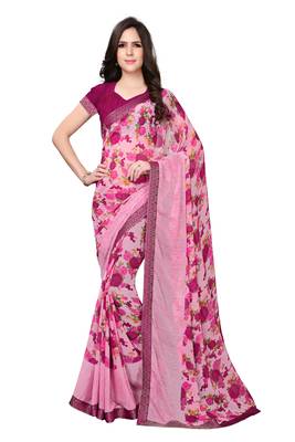 Pink printed georgette saree with blouse 1
