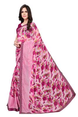 Pink printed georgette saree with blouse 2