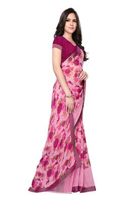Pink printed georgette saree with blouse 3