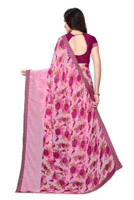 Pink printed georgette saree with blouse 4