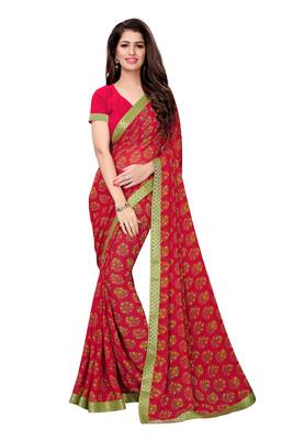 Pink printed georgette saree with blouse 1