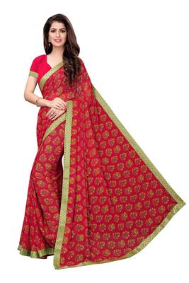 Pink printed georgette saree with blouse 2