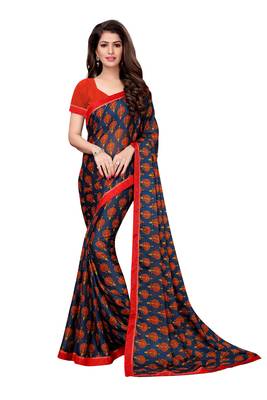 Navy blue printed georgette saree with blouse 1