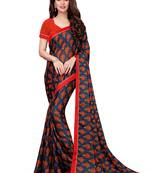 Navy blue printed georgette saree with blouse