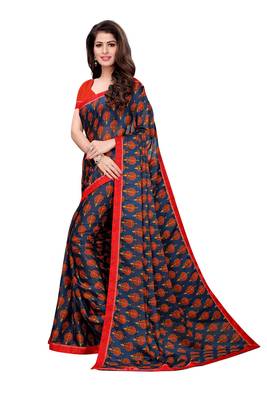 Navy blue printed georgette saree with blouse 2
